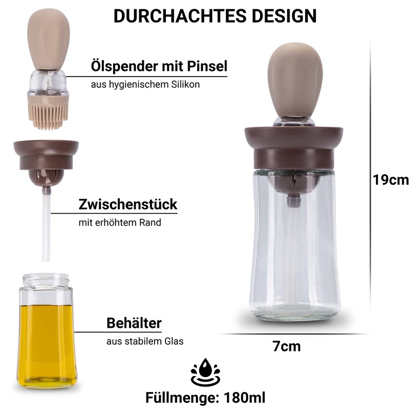 Fino Casa 2er Set, 2in1 Ölflasche mit Pinsel, Ölspender, Ölsprüher