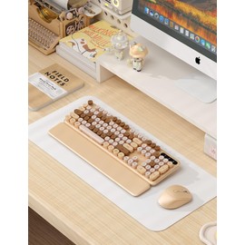 Wireless Keyboard and Mouse Combo - Cute Typewriter Keyboard with Detachable Wrist Rest, Retro Round Keycaps, Foldable Legs, 2.4GHz Full-Size Keyboard for PC, Laptop, Mac, Windows - Trueque (Latte)