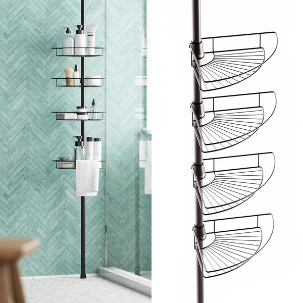 Zenna Home Rust-Resistant Corner Shower Caddy for Bathroom, 4 Adjustable Shelves and Towel Bar, with Tension Pole, for Bath and Shower Storage, 60-97 Inch, Bronze