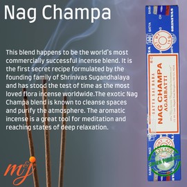 M & J Original Satya Nag Champa Agarbatti Räucherstäbchen | mit M&J Räucherstäbchenhalter | 4er-Pack | für Aromatherapie, Spa, Yoga, Hochzeiten, Meditation, Heilung, Positivität und Entspannung