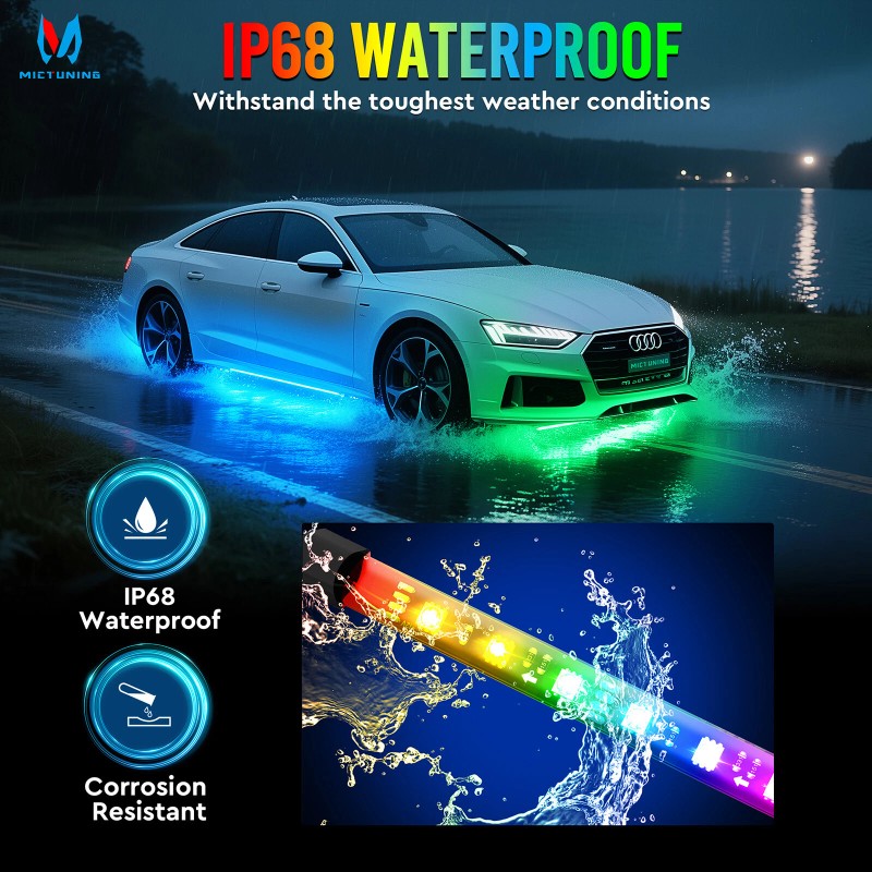 MICTUNING 4Pcs RGB+IC LED Strips Car Underglow Underbody System Neon