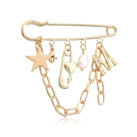 Pentagram Pearl M Small Hand Safety Pin Charm Lapel Pin for Women Men Metal Alphabet Letter M Star Drop Brooch Vintage Heart Safety Pin Collar Brooch Gold Tassels Hanging Chain Brooch Pin Sweater Shawl Clips Dress Skirt Badge Coat Tie Pins