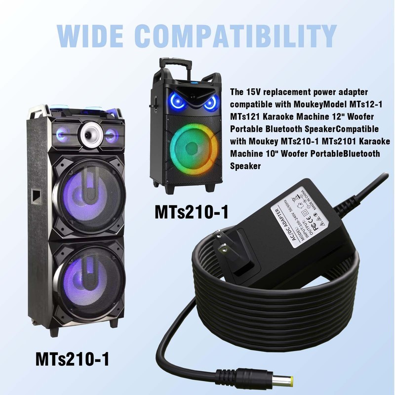 15V Power Supply Compatible with Moukey Karaoke Machine for MTs10-1