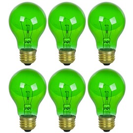 Sunlite A19 Colored Incandescent Light Bulb, 25 Watts, 120 Volts, Green, Transparent, Medium E26 Base, Dimmable, 6 Pack