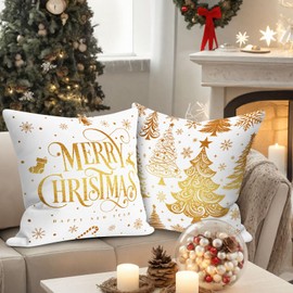 Lanpn 50 x 50 cm, Set of 4 Christmas Cushion Covers, Christmas Trees, Christmas Decoration, Gold Decoration, Christmas Trees, Decorative Cushion Cover, Winter Cushion Cover Decoration for Sofa, Bed,