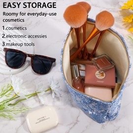 ZLFSRQ Daisy Flower Makeup Bag Travel Floral Cute Cosmetic Bags for Women Large Makeup Pouch Zipper Cosmetic Pouch for Purse Aesthetic Embroidery Blue Makeup Organizer Bag Portable Toiletry Bag