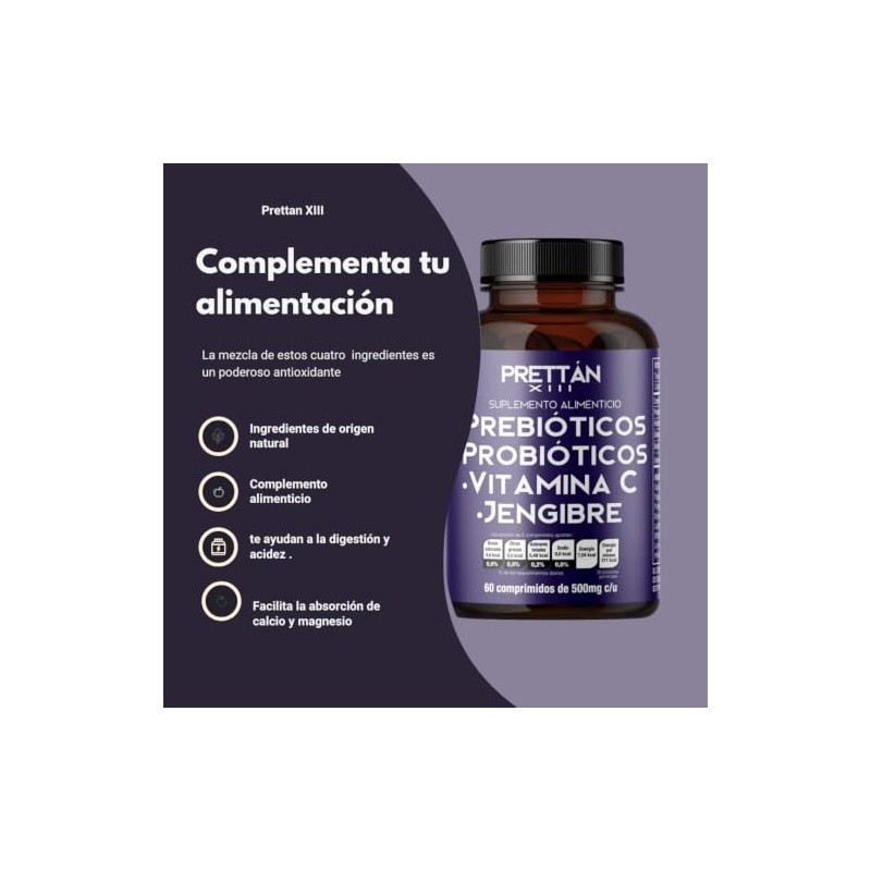 Prettán XIII Probióticos yPrebióticos Adultos con Vitamina C, Jengibre, 500mg