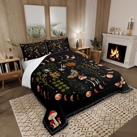 Gothic Nature Comforter Set for Kids Room Decor Butterfly Moth Flower Mushroom Rustic Garden Bedding Comforter Twin Size Star Moon Sun Boho Style Soft Polyester Quilt Set with 1 Pillowcase