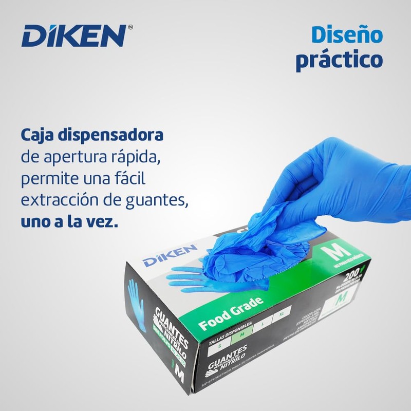 DIKEN Guantes 100% Nitrilo, Grado Alimenticio, Color Azul, SIN Polvo,