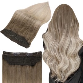 Full Shine Fish Line Hair Extension 18 Inch Fish Line Hair Extensions for Women Color 8 Brown Fading to 18 and 60 Platinum Blonde 80 Gram One Piece Human Hair Extensions