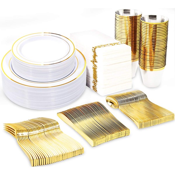 BUCLA 350PCS Gold Plastic Plates With Disposable Plastic Silverware& Napkins- Gold Rim Plastic Dinnerware With Include 100 Plates/ 50 Forks/ 50 Knives/ 50 Spoons/ 50 Cups/ 50 Napkins for party/wedding