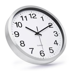 bakbrand Wall Clock 12 Inch Silver Brushed Finish Silent Non Ticking Indoor Clock Round Battery Operated Stainless Steel Wall Clocks for Home, Office, Hotel, Bedroom, Living Room, Kitchen