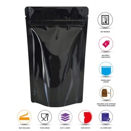 Rightpak Stand Up Pouches 50 Pieces 13cm x 21cm, Black Shiny Heat Sealable Tear Notches Smell Proof for Food Storage With Ziplock