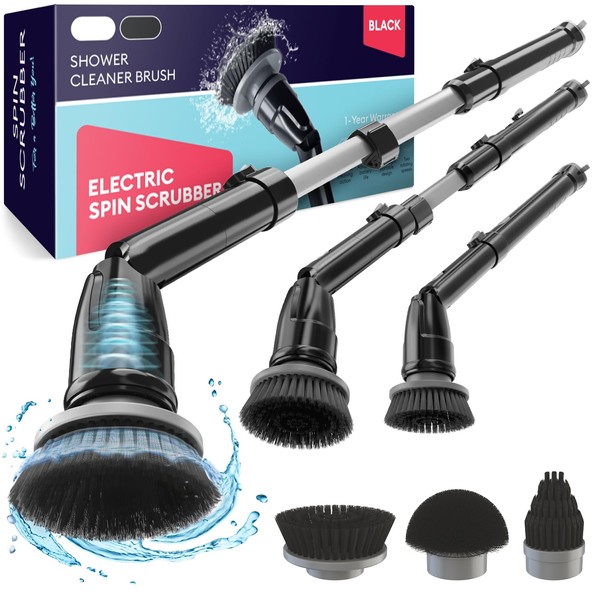 Electric Spin Scrubber, 360 Cordless Powerful Scrub Brush for Cleaning Bathroom, Tile, Floor, Tub & Shower with Adjustable Extension Handle and 3 Replaceable Rotating Brush Heads (Packaging May Vary)