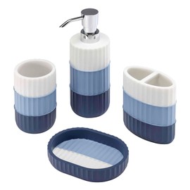 IZOD - Bathroom Set, 4pc Countertop Accessories, Tumbler, Toothbrush Holder, Soap Dish & Lotion Pump, Striped Resin Decor, Dorm Room Essentials (Clubhouse Collection, Blue)