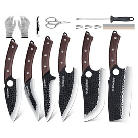 Meat Cleaver Butcher Knife Set of 13, Hand Forged Santoku Knife Cleaver Knife Paring Knife, High Carbon Steel Kitchen Boning Knife for Meat Cutting with Roll Bag & Accessories Kitchen BBQ Gift for Men