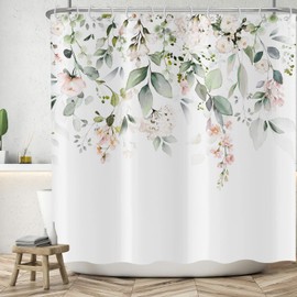 ASDCXZ Flowers Shower Curtain 180 x 200 cm, Spring Hand-Painted Rose Flowers Green Leaves White Bathroom Washable Shower Curtains Polyester Textile Waterproof Bath Curtain for Bath with 12 Hooks