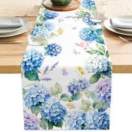 Watercolor Hydrangea Table Runner Blue Butterfly Spring Summer Table Decorations Rustic Coffee Table Runners for Home Kitchen Dining Room Wedding Party 13x71 Inch (13x71 Inch, Hydrangea)