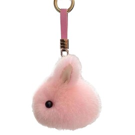 ELVRLA Super Cute Soft Round Rabbit Bunny Keychain Plush Rabbit Fluffy Car Key Chain Ring Bag Charm Purse Backpack Pendant-Pink