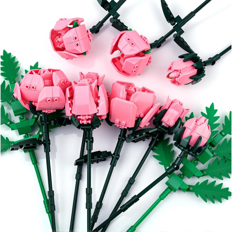 Pink Rose Flower Building Set-10pcs Roses & 2pcs Leaves Botanical