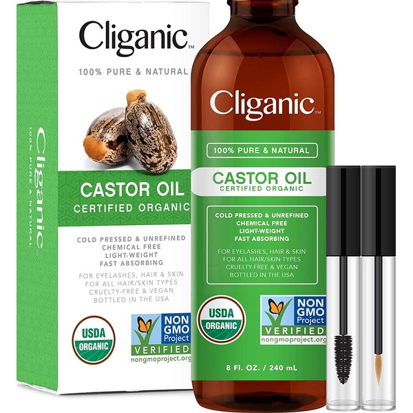 Cliganic USDA Organic Castor Oil, 100% Pure (8oz with Eyelash Kit) - For Eyelashes, Eyebrows, Hair & Skin | Natural Cold Pressed Unrefined Hexane-Free | DIY Carrier Oil | Cliganic 90 Days Warranty