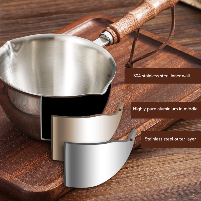 Butter Warmer Stainless Steel Wooden Handle 3 Layers Multi Purpose