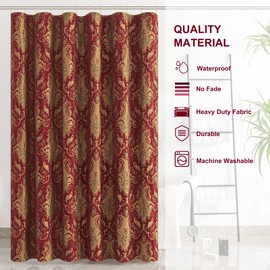 Loom and Mill Textured Fabric Shower Curtain Set with 12 Metal Hooks, Red Damask Bathroom Shower Curtain Sets Classic Medallion Design, Waterproof Heavyweight Shower Curtain for Home Bathroom(72x72)