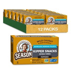 Season Peppered Kipper Snacks - Boneless Herring Fillets, Naturally Smoked Fish, Wild Caught, Keto Snacks, Certified Sustainable Seafood, Non-GMO, 18g of Protein, 1800mg of Omega-3-3.25 Oz, 12-Pack