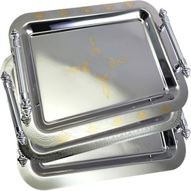 Maro Megastore (Pack of 3) 14.2 inch x 10.2 inch Octagonal Chrome Plated Silver Serving Tray with Handles Stylish Design Floral Engraved Edge Decorative Birthday Dessert Buffet Platter Plate NC-235