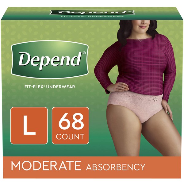 Depend FIT-FLEX Incontinence Underwear for Women, Disposable, Moderate Absorbency, L, Blush, 68 Count