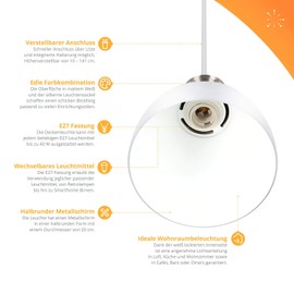 LED Universum "Steve" Pendant Light, Metal White with Silver Base, 20 cm x 141 cm, E27 Socket, Max. 40 W, Ceiling Light, Pendant Light, Bar, Lounge, Loft, Restaurant, Diner