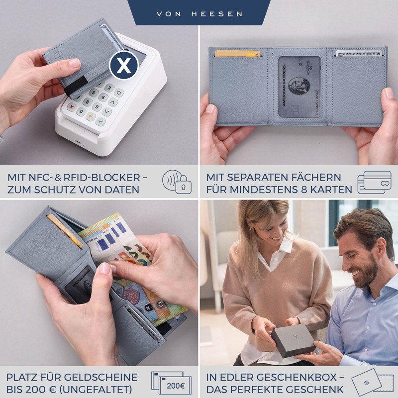 VON HEESEN slim wallet, lightblue, With mini coin compartment