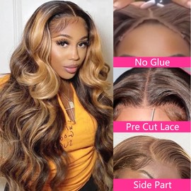 Highlight Ombre Lace Front Wig Human Hair Body Wave 4/27 Colored 4x4 Lace Closure Wig Human Hair Glueless Honey Blonde Body Wave Human Hair Wig Pre Plucked 16 Inch