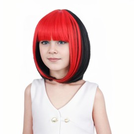 Ufindcos Black Wig for Kids Short Black Wig with Red Air Bangs Black Wig for Girls Black Red Straight Bob Synthetic Hair Wig with Wig Cap