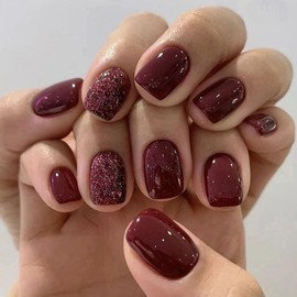 Square Press on Nails Short Burgundy - TUZADNW Acrylic Short Fake Nails Fall Nails Press ons, Full Cover Glue on Nails Short Artificial Glossy Glitter Designs for Women 24 Pcs