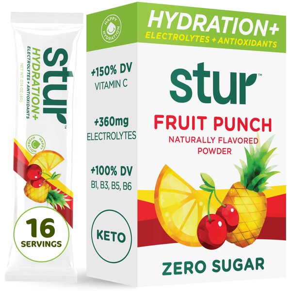 Stur Electrolyte Hydration Powder | Fruit Punch | High Antioxidants & B Vitamins | Sugar Free | Non-GMO | Daily Hydration & Workout Recovery | Keto | Paleo | Vegan (16 Packets)