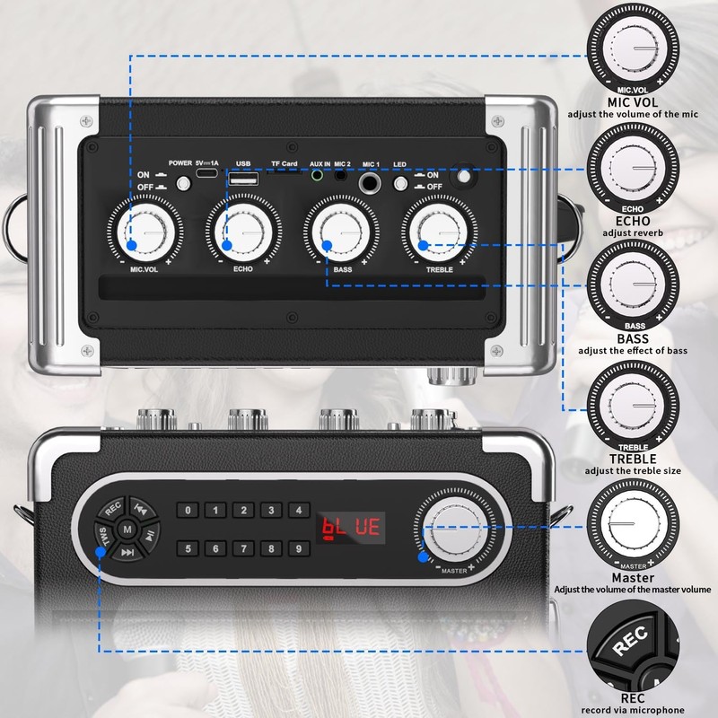Karaoke Machine with 4 Wireless Microphones, Portable Bluetooth 5.1 Speaker