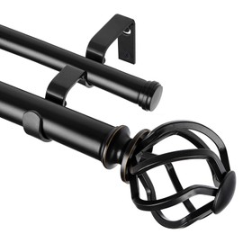 KAMANINA 1 Inch Double Curtain Rod 72 to 144 Inches (6-12 Feet), Black Curtain Rods for Windows 66 to 120, Heavy Duty Telescoping Drapery Rods with Twisted Cage Finials
