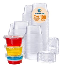 Fonteme Clear Plastic Portion Cups With Lids - (100 Sets - 2 Oz) | BPA-Free Plastic Condiment Containers | for Meal Prep, Portion Control, Salad Dressing & Jello Shots