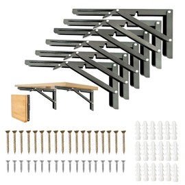 Folding Shelf Brackets,Wall Mounted Shelf Brackets,Heavy Duty Shelf Bracket,Black Metal Shelf Brackets for Bendable Table,Space Saving (8 Inch 6 Pcs)