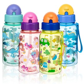 600ml Kids Water Bottle with Straw & Brush, Leakproof Dinosaur Design Children Drinks Bottle with Carry Strap Ideal for School, Sports, Travel, Picnic (Green Dinosaurs)