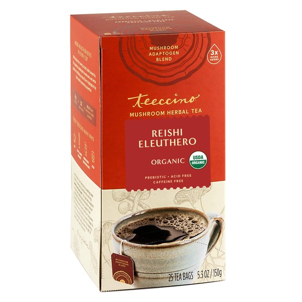 Teeccino Reishi Eleuthero Tea - French Roast - Organic Mushroom Adaptogenic Herbal Tea, 3x More Herbs than Regular Tea Bags, Caffeine Free, Chicory Prebiotic - 25 Tea Bags
