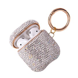 Sparkly Diamond Case for AirPods with Keychain, Shockproof Protective Premium Bling Rhinestone Cover Skin Compatible with AirPods Charging Case 2 & 1(White AB+Gold C2)