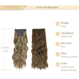Gairyan Clip in Hair Extensions 4PCS Curly Wavy Long Hair Pieces Full Head Synthetic Hair Extension Thick Natural Look for Women, 22 Inches 220g, Golden Brown&Natural Blonde