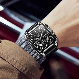 Large Face Square Watches for Men Silver Bezel Chronograph Watches with Black Leather Strap Luxury Three Hands Watch Waterproof Auto Calendar Easy Read Luminous Men's Quartz Watch Reloj De Hombre