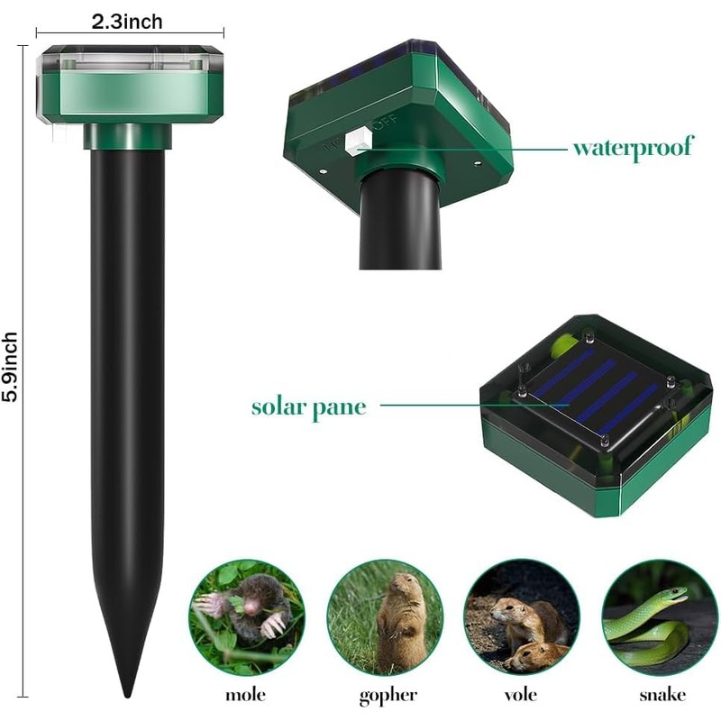 Mole Repellent Solar Powered, 8 Pack Waterproof Ultrasonic Gopher Vole