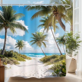 Glawry Beach Shower Curtain 72Wx72L Inches, Tropical Summer Seaside Bathroom Decor, Coastal Vacation Palm Tree Ocean Bathroom Curtains Waterproof Polyester Fabric Bath Curtain with Hooks