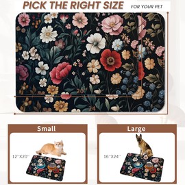 Floral Boho Dog Cat Food Mat,Pink Flower Vintage Absorbent Pet Feeding Mat with Rubber Backing,Non-Slip Water Bowl Placemat,Indoor Pet Accessories Supplies 12"x20"