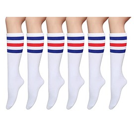 Pareberry Casual Cotton Solid & Triple Stripe Colors Knee High Tube Socks-3 Pairs (A06-Blue/Red/White)