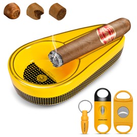 CIGARLOONG Set di posacenere e tagliasigari. Posacenere in ceramica con tagliasigari a V, tagliasigari a ghigliottina e punzone per sigari. Un set di accessori per sigari, regalo per uomini (Giallo)